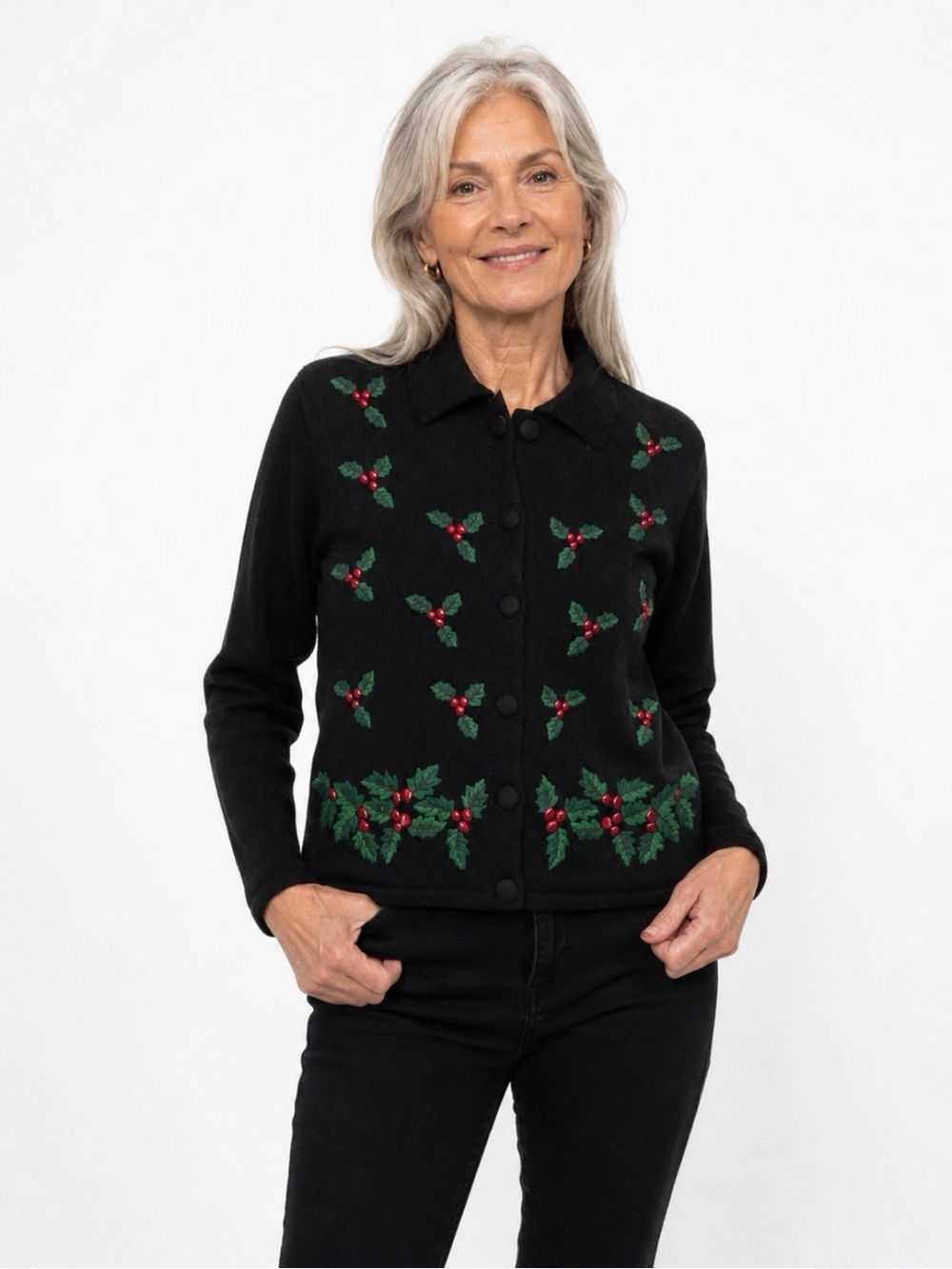 Talbots Vintage Holiday Embroidered Holly 100% Wool Sweater Size Small